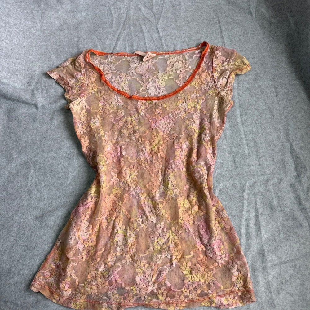Y2k Rue21 Women Orange Pink Yellow Sheer Floral Lace Cap Sleeve Top Large
